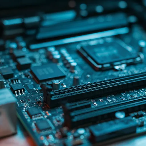 Carte électronique en gros plan : circuits, connecteurs et composants montés en surface